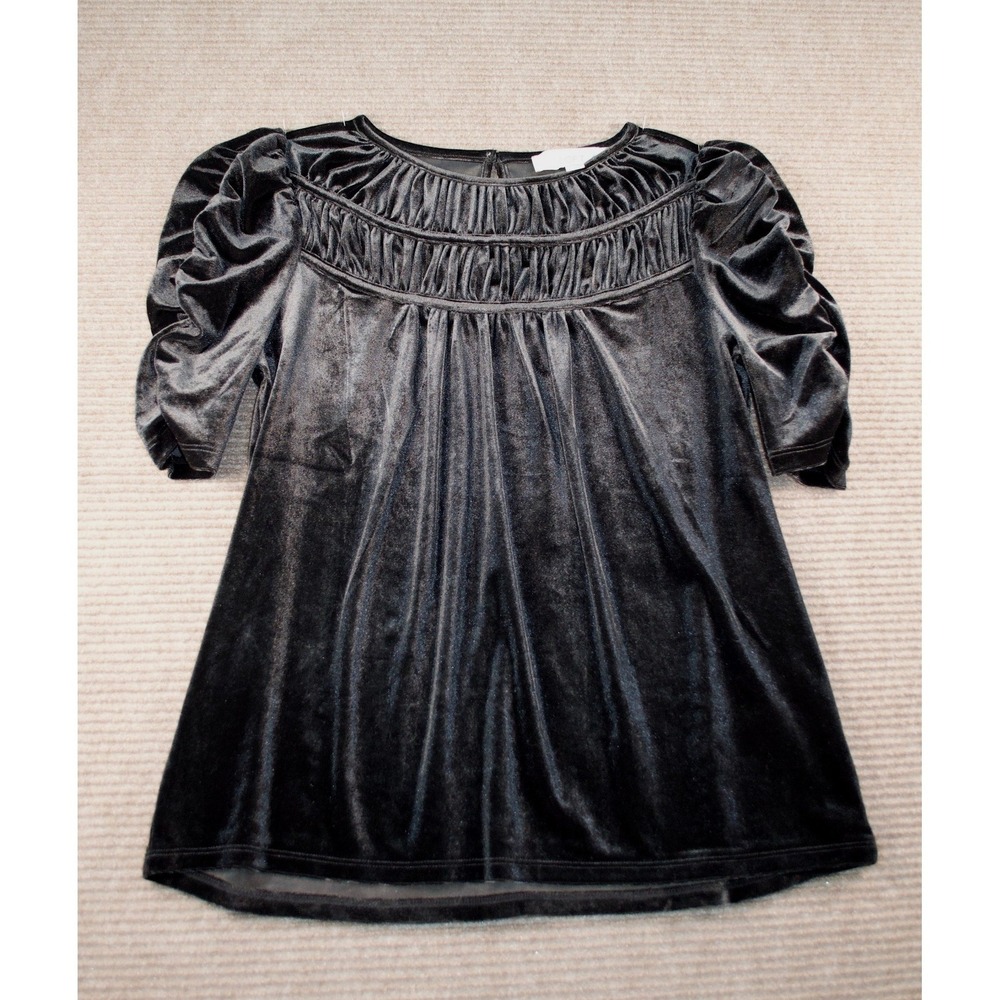NWT‎ LOFT Black Velvet Ruched Yoke Summer Goth Puff Sleeve Blouse XS